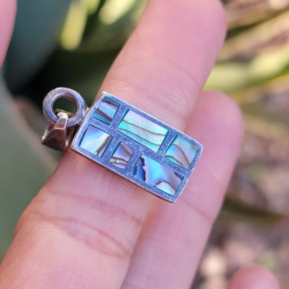 Southwestern vintage abalone shell inlay 925 sterling silver necklace pendant - Picture 8 of 13